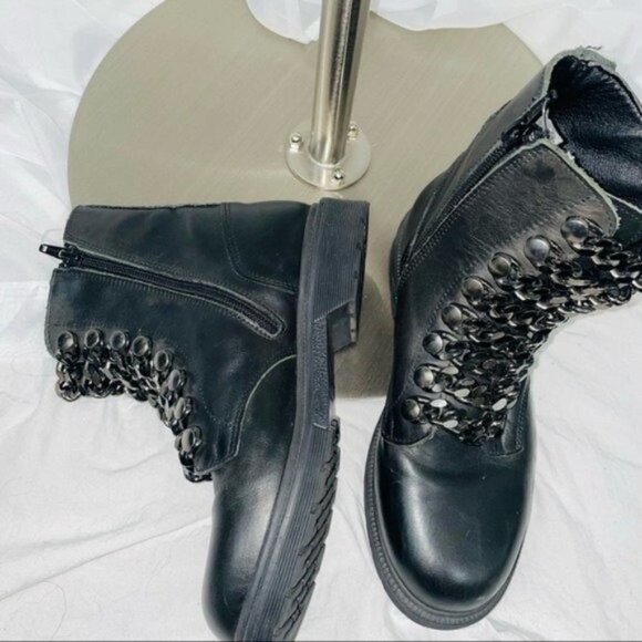 OVYÉ Genuine Leather Chain Lace Up Combat Boots in Black - Picture 2 of 8